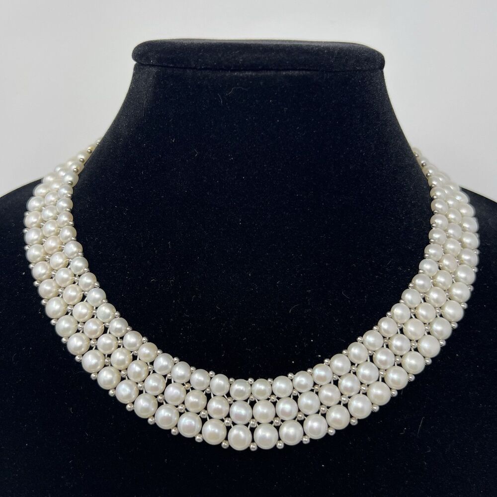 Natural Freshwater Pearl Necklace Triple Rows Of Button Flatback Pearls Luxury